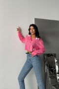 CROP GÖMLEK BEYAZ YAKA VE ETİKET DETAYLI - Pembe resmi